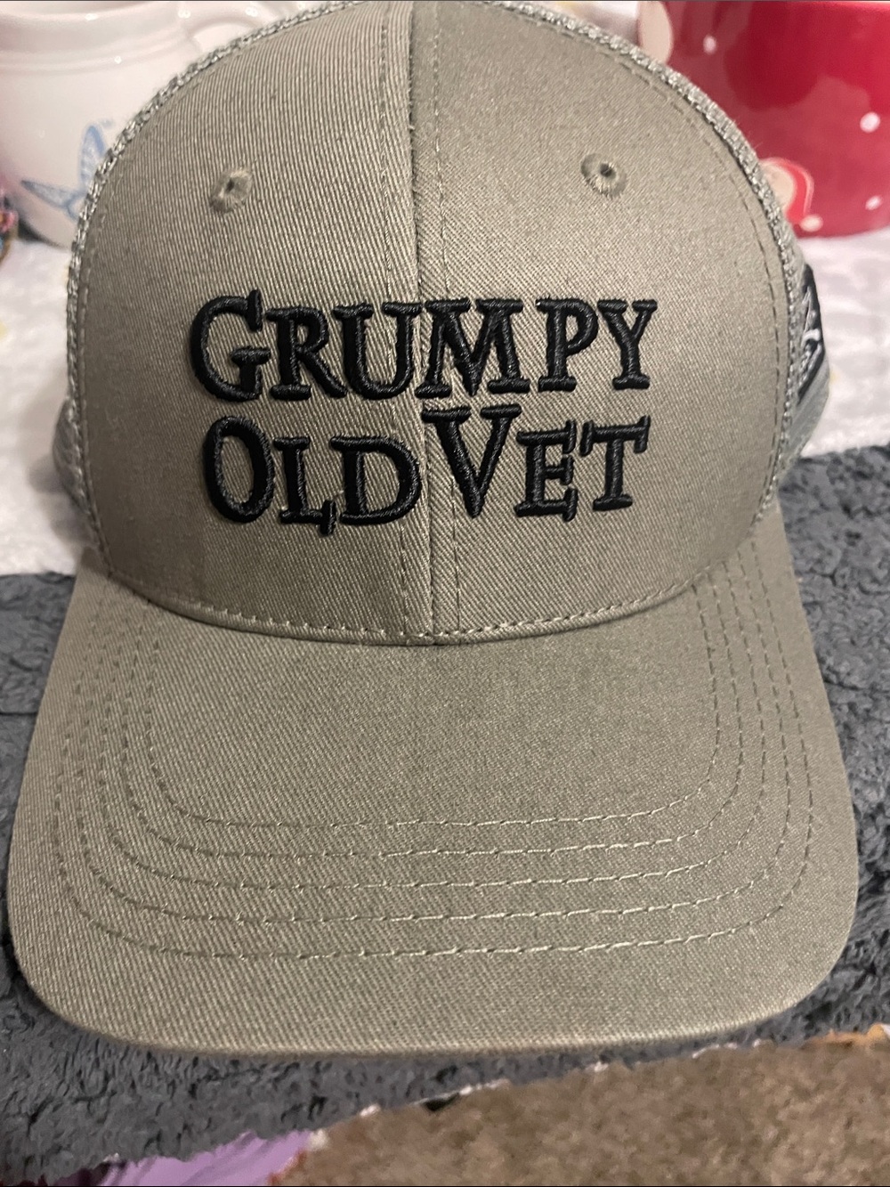 Grunt Style 'Grumpy Old Vet' Trucker Cap - Olive Green with Black Embroidery